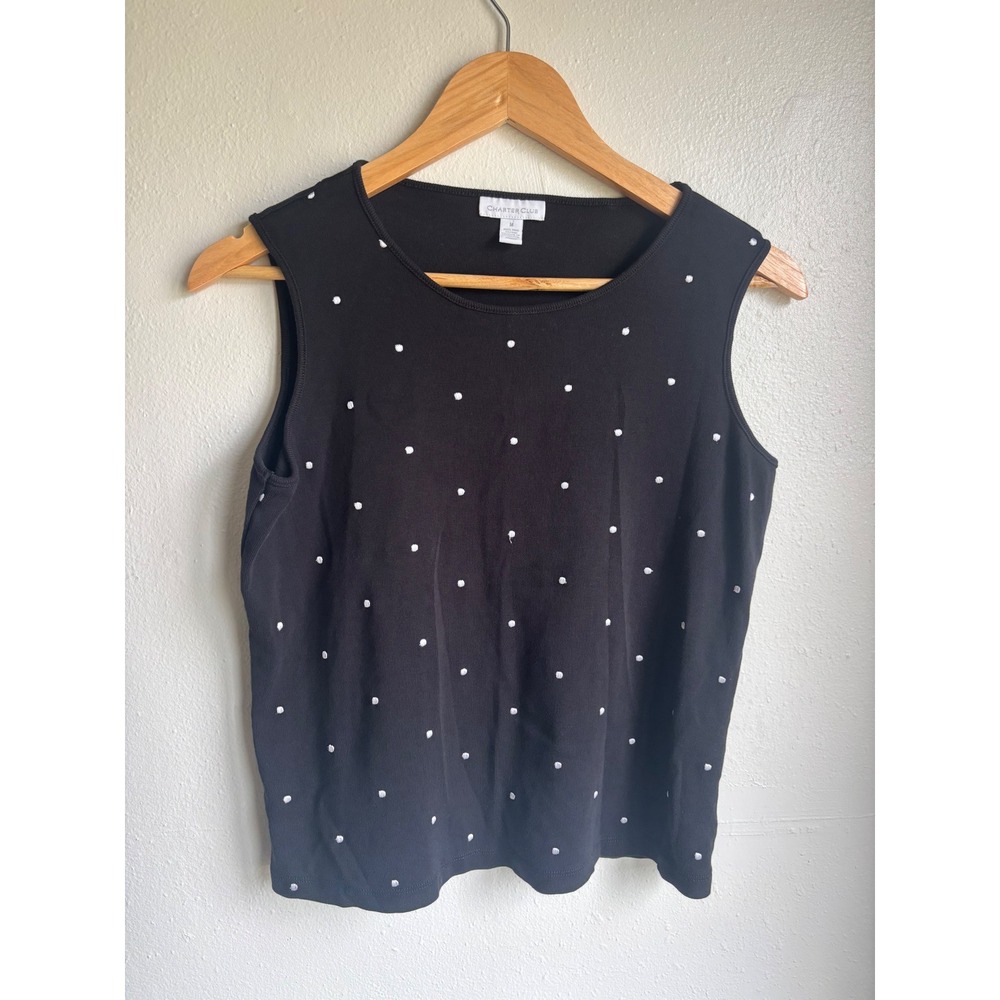 Charter Club Womens Black Polka Dot Pima Cotton Ribbed Sleeveless Shell Top M‎